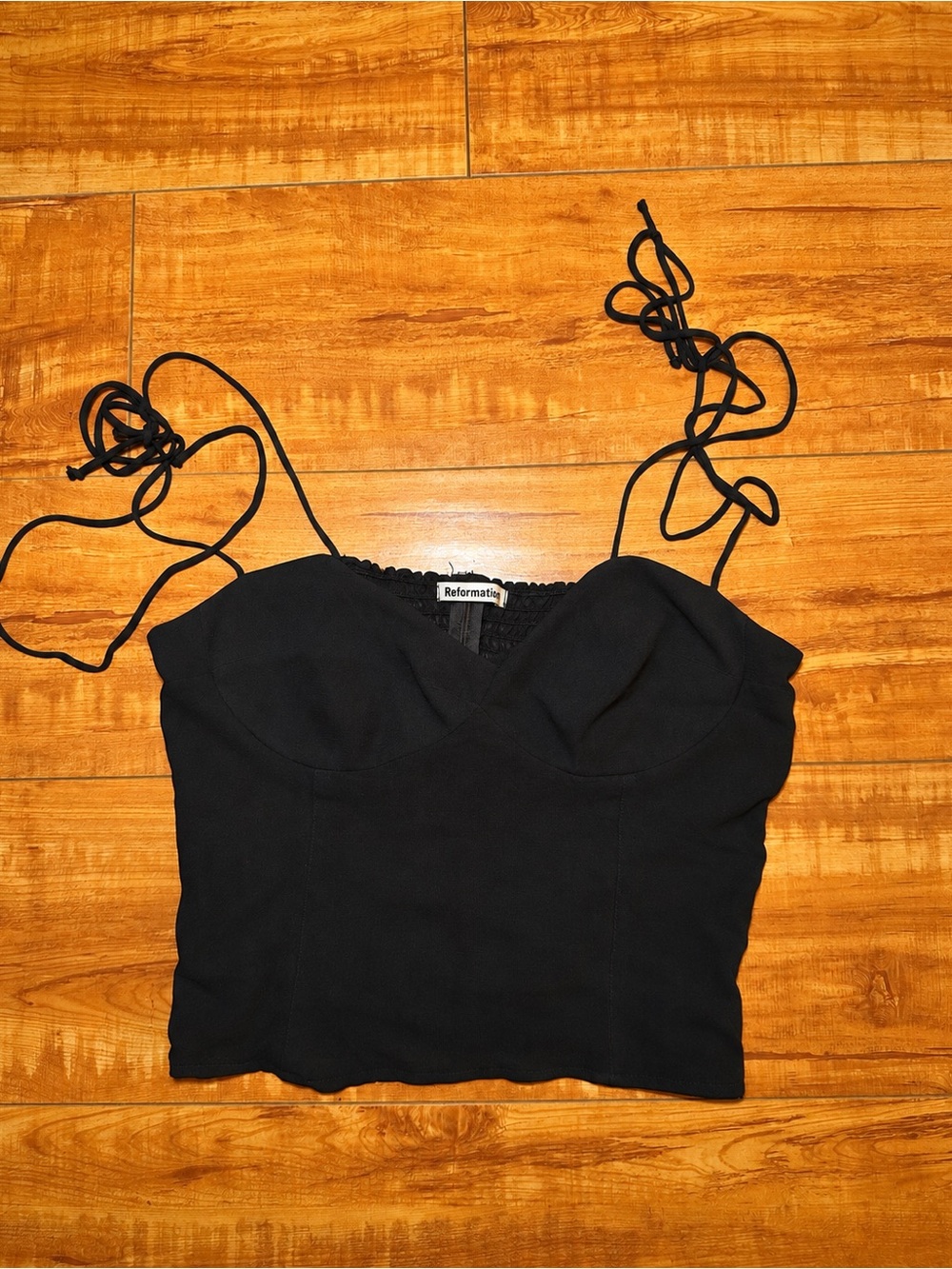 Reformation Black Sweetheart Tie-Shoulder Crop Top